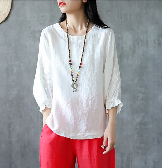 Embroidery Sleeve Summer Women Casual Blouse Cotton Linen Shirts  Women Tops DZA2005248