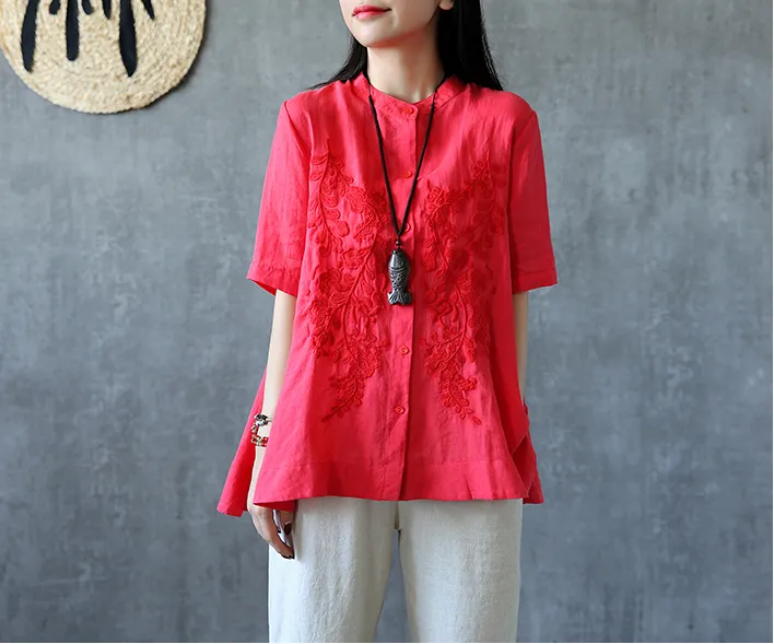 Embroidery Sleeve Summer Women Casual Blouse Cotton Linen Shirts  Women Tops DZA2005311