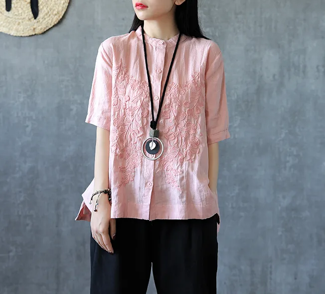 Embroidery Sleeve Summer Women Casual Blouse Cotton Linen Shirts  Women Tops DZA2005311