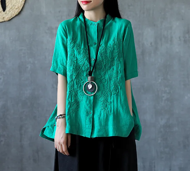 Embroidery Sleeve Summer Women Casual Blouse Cotton Linen Shirts  Women Tops DZA2005311