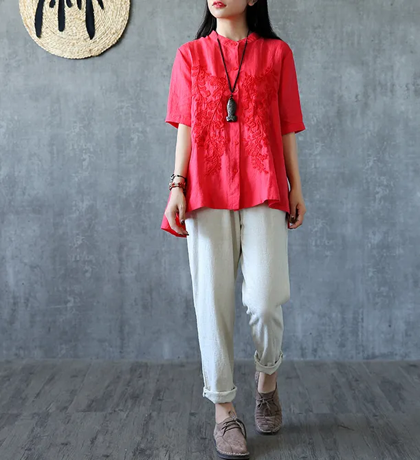 Embroidery Sleeve Summer Women Casual Blouse Cotton Linen Shirts  Women Tops DZA2005311