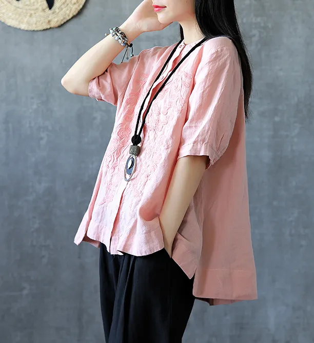 Embroidery Sleeve Summer Women Casual Blouse Cotton Linen Shirts  Women Tops DZA2005311