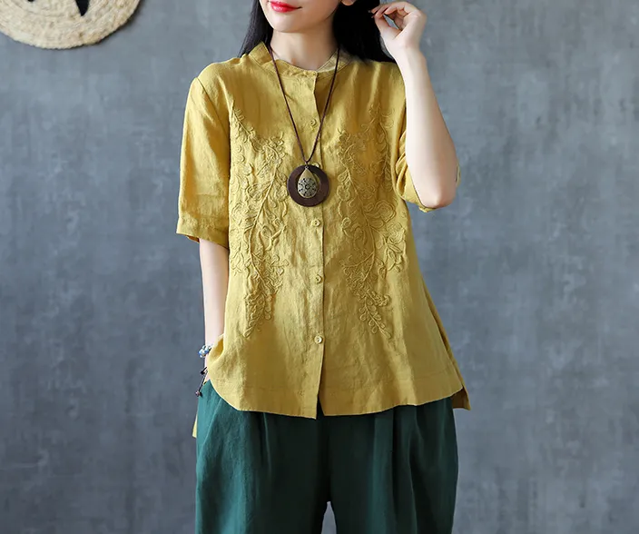 Embroidery Sleeve Summer Women Casual Blouse Cotton Linen Shirts  Women Tops DZA2005311