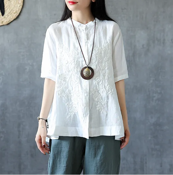 Embroidery Sleeve Summer Women Casual Blouse Cotton Linen Shirts  Women Tops DZA2005311