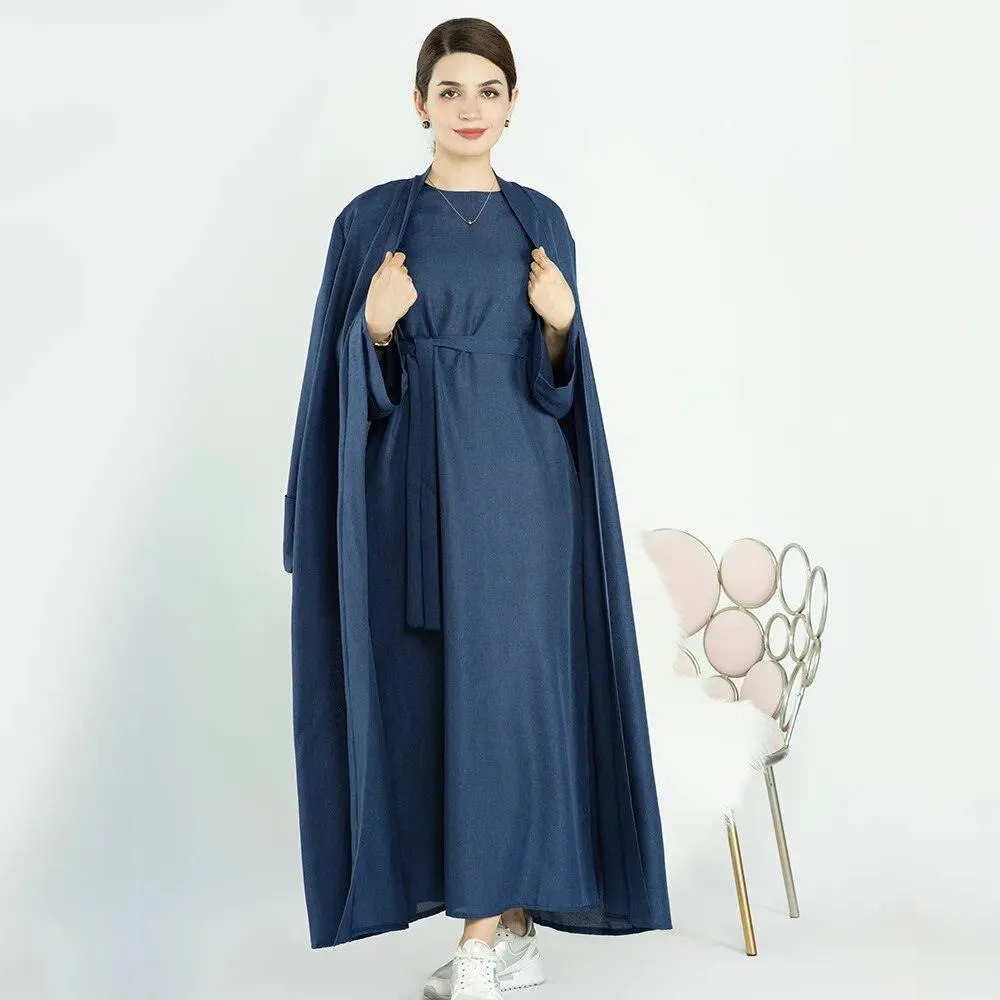 Ethnic Cotton Linen Kaftan Open Abaya Muslim Dress for Ramadan Eid