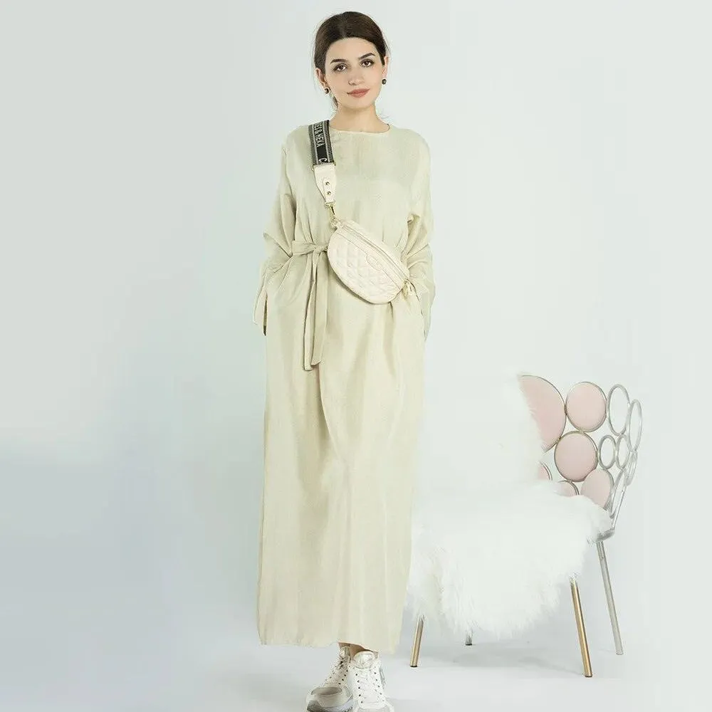 Ethnic Cotton Linen Kaftan Open Abaya Muslim Dress for Ramadan Eid