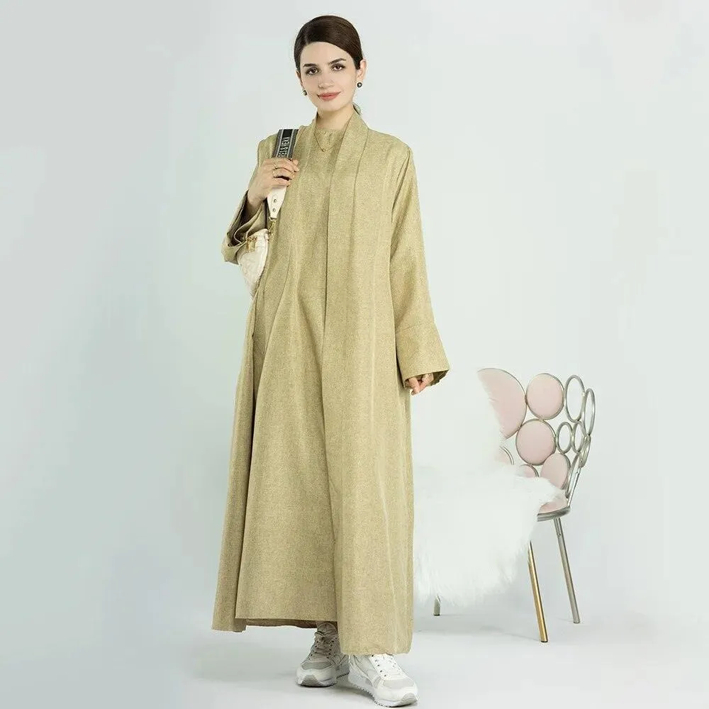 Ethnic Cotton Linen Kaftan Open Abaya Muslim Dress for Ramadan Eid