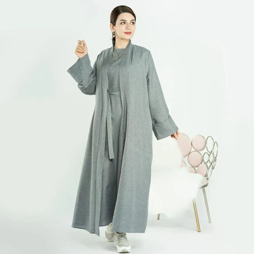 Ethnic Cotton Linen Kaftan Open Abaya Muslim Dress for Ramadan Eid