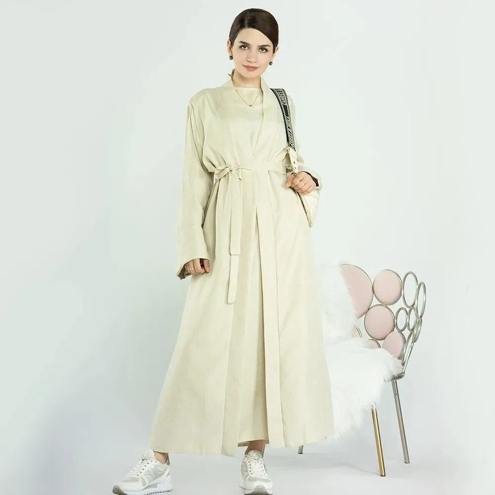 Ethnic Cotton Linen Kaftan Open Abaya Muslim Dress for Ramadan Eid