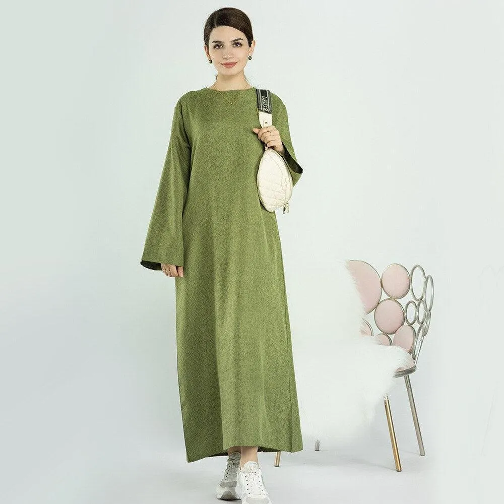 Ethnic Cotton Linen Kaftan Open Abaya Muslim Dress for Ramadan Eid