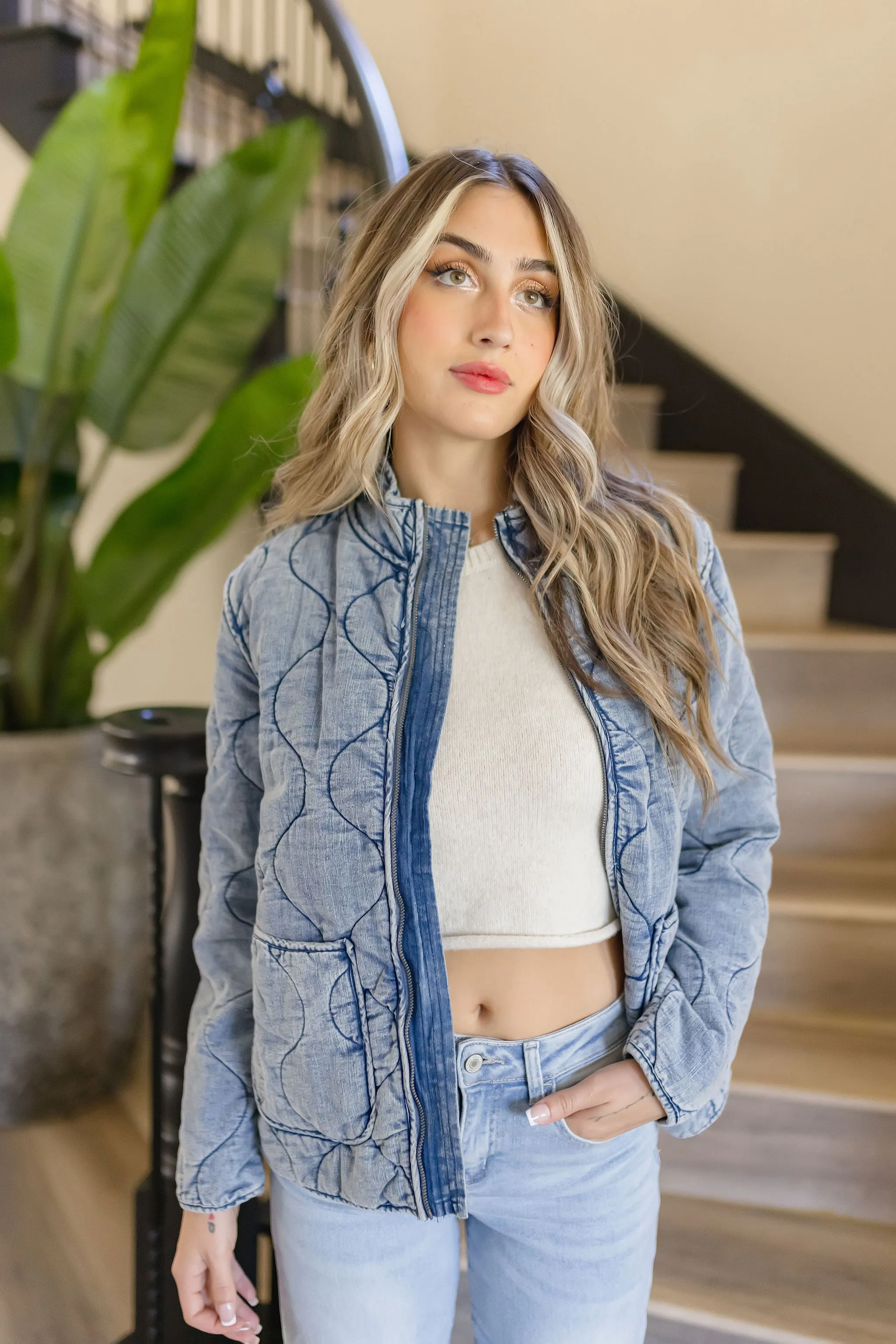 Faye Long Sleeve Washed Quilted Shacket Blue