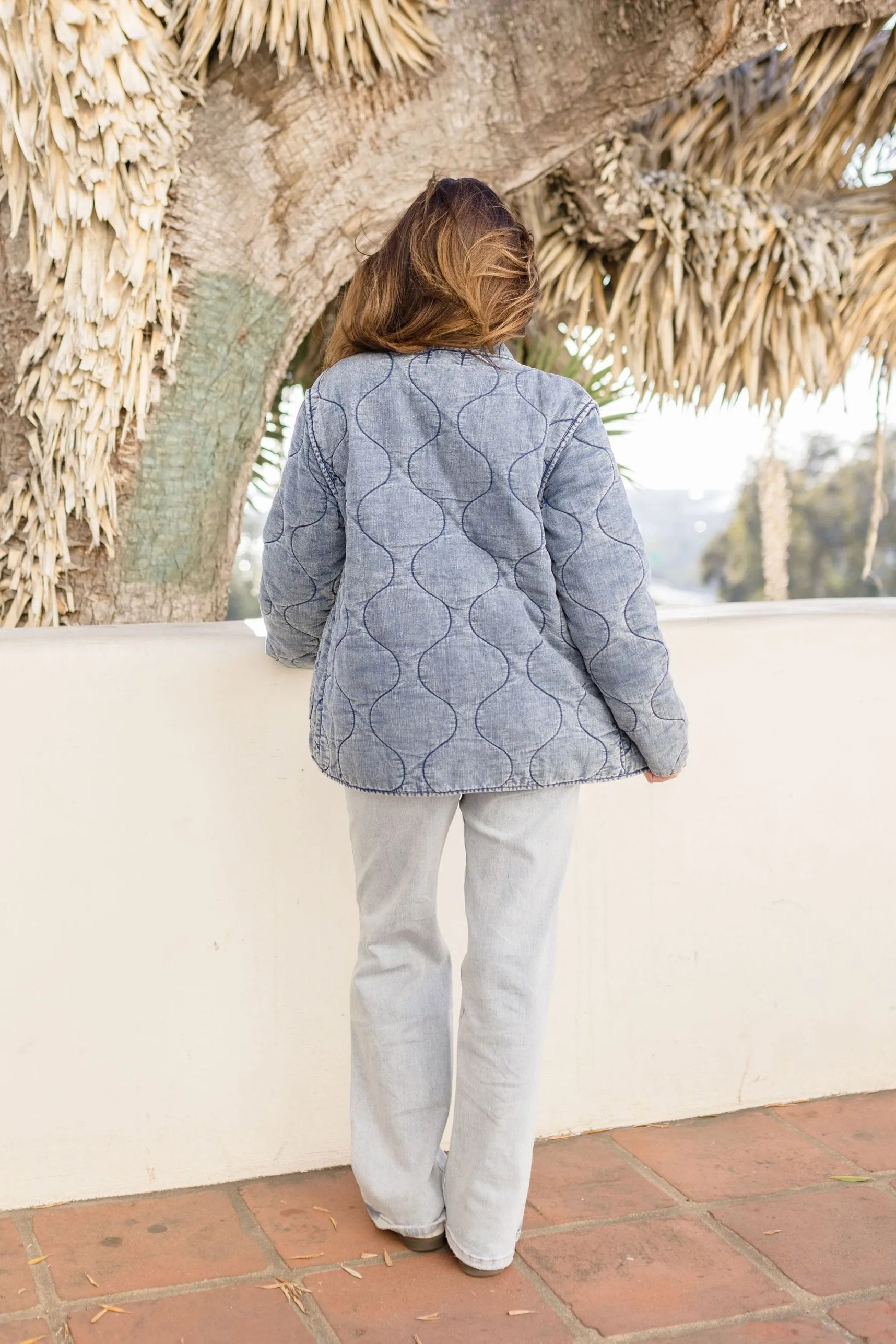 Faye Long Sleeve Washed Quilted Shacket Blue