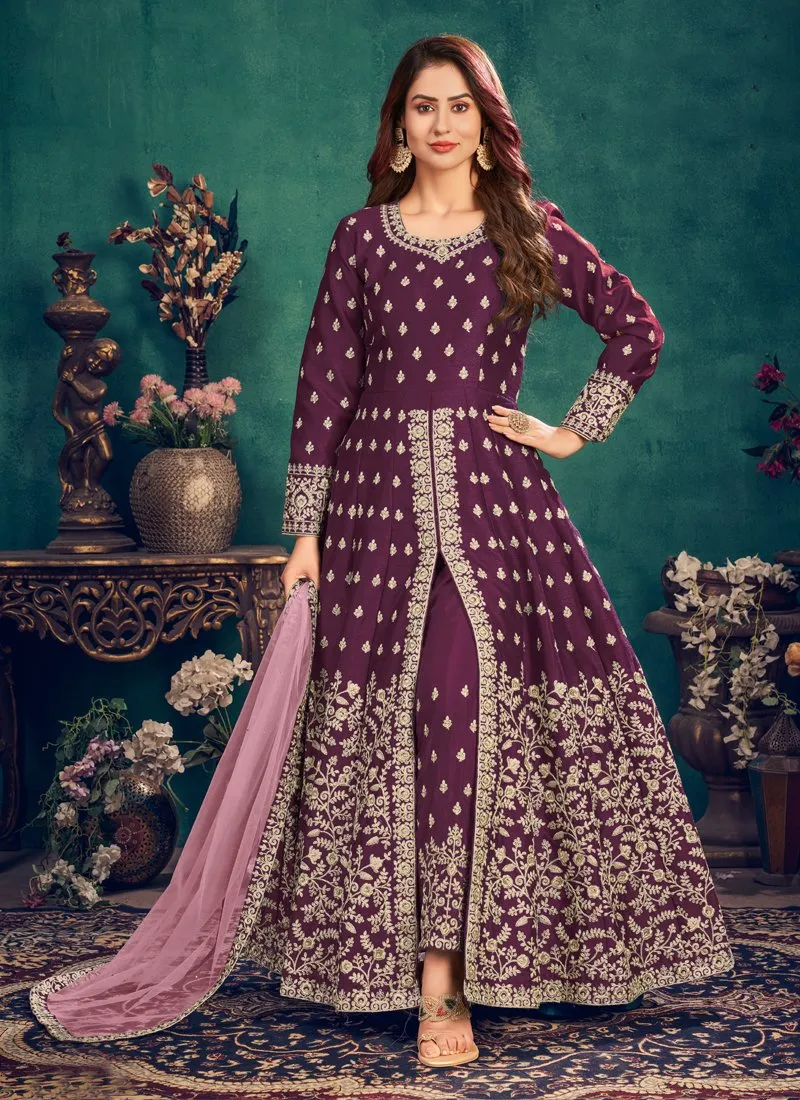 Floor Length Plum Wine Art Silk Embroidered Anarkali Suit