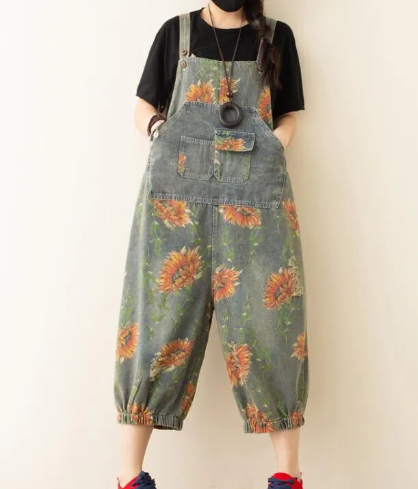 Floral Denim Loose Casual Summer Denim Overall Loose Women Jumpsuits QYCQ05165