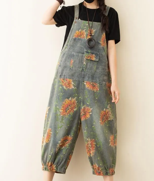 Floral Denim Loose Casual Summer Denim Overall Loose Women Jumpsuits QYCQ05165