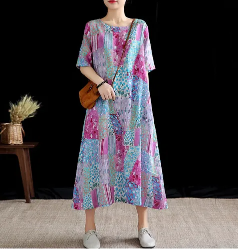 Floral Long Sleeve Summer Spring Cotton Linen Women Dresses DZA20691