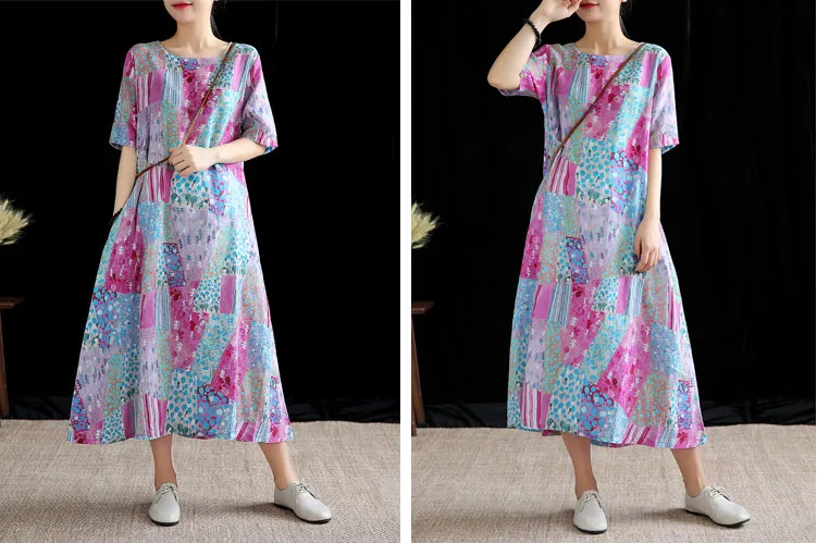 Floral Long Sleeve Summer Spring Cotton Linen Women Dresses DZA20691