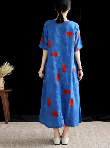 Floral Long Sleeve Summer Spring Cotton Linen Women Dresses DZA20691