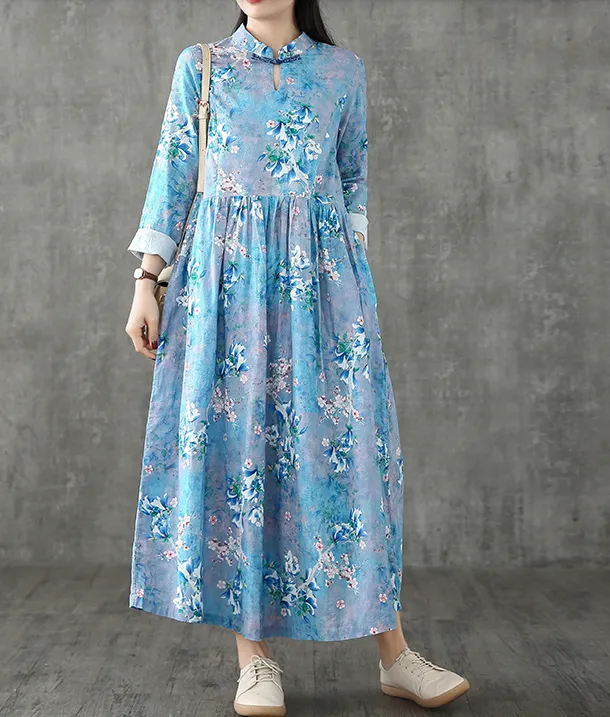 Floral Long Sleeve Summer Spring Cotton Linen Women loose Dresses DZA20632