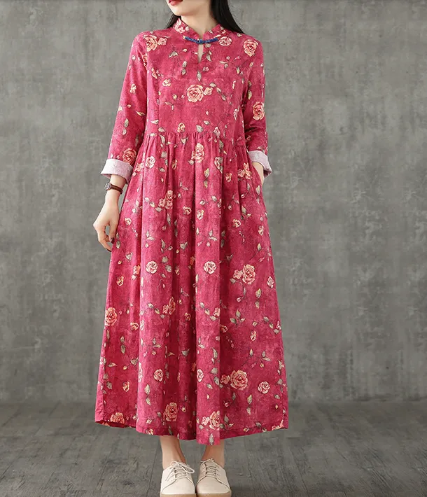 Floral Long Sleeve Summer Spring Cotton Linen Women loose Dresses DZA20632