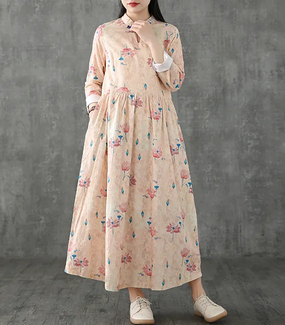 Floral Long Sleeve Summer Spring Cotton Linen Women loose Dresses DZA20632