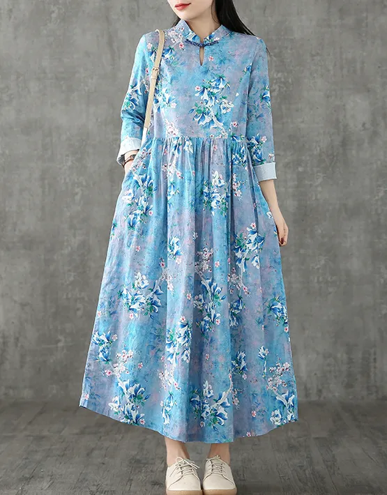 Floral Long Sleeve Summer Spring Cotton Linen Women loose Dresses DZA20632