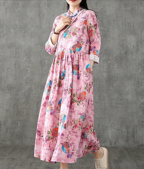 Floral Long Sleeve Summer Spring Cotton Linen Women loose Dresses DZA20632