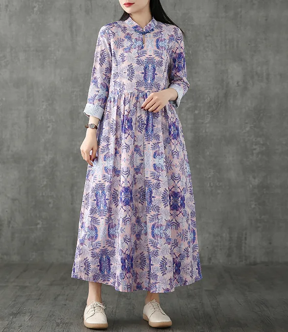 Floral Long Sleeve Summer Spring Cotton Linen Women loose Dresses DZA20632