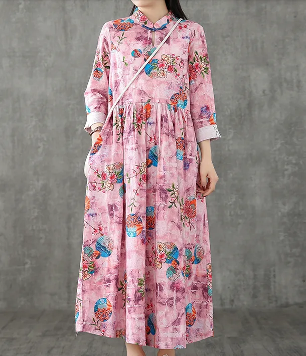 Floral Long Sleeve Summer Spring Cotton Linen Women loose Dresses DZA20632