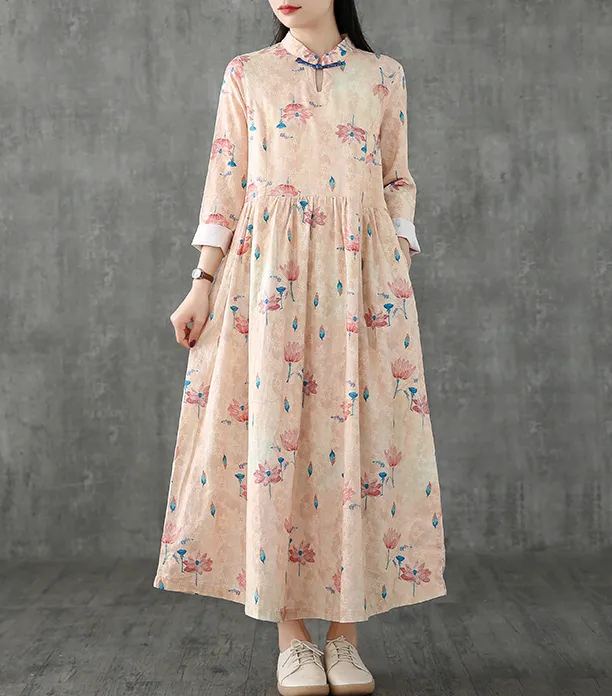 Floral Long Sleeve Summer Spring Cotton Linen Women loose Dresses DZA20632