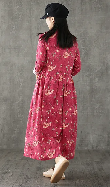 Floral Long Sleeve Summer Spring Cotton Linen Women loose Dresses DZA20632