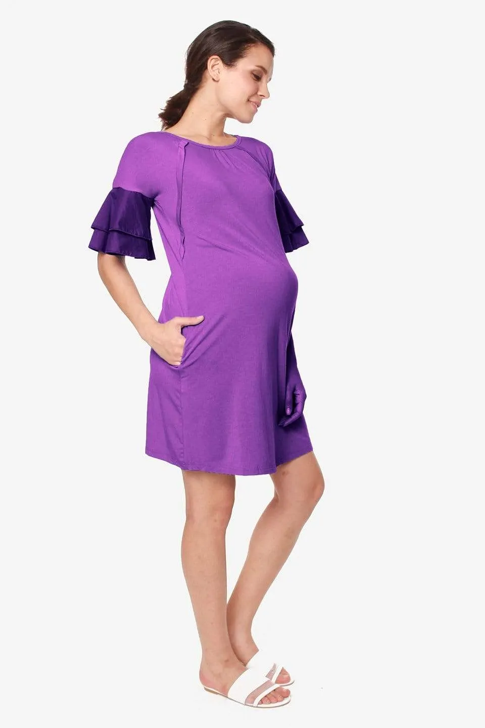 Flounce Sleeves Calissa Bamboo Cotton Nursing Dress Eggplant