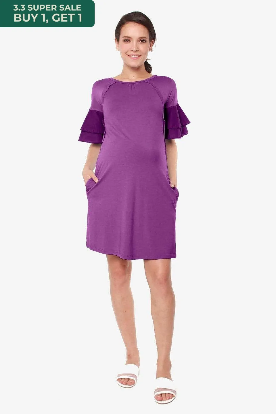 Flounce Sleeves Calissa Bamboo Cotton Nursing Dress Eggplant