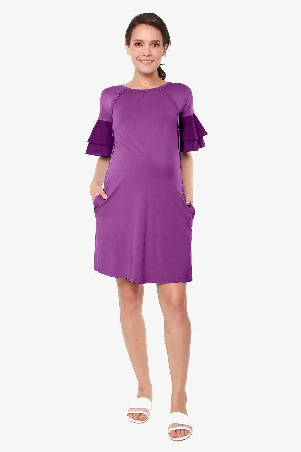 Flounce Sleeves Calissa Bamboo Cotton Nursing Dress Eggplant