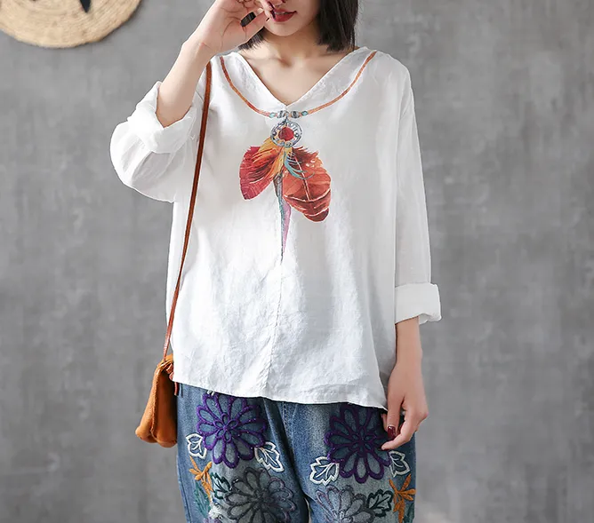 Flower Print Long Sleeve V Neck Linen Shirts Summer Women Tops DZA2005317