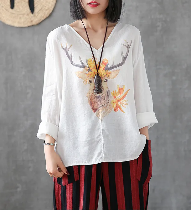 Flower Print Long Sleeve V Neck Linen Shirts Summer Women Tops DZA2005317