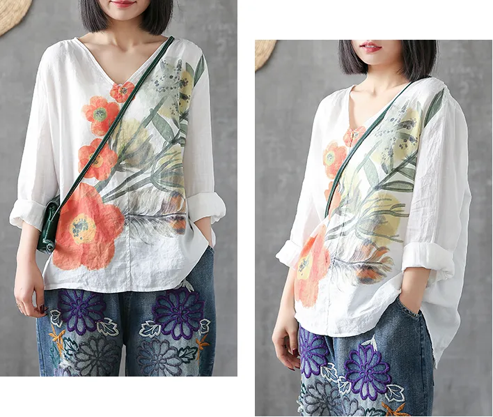 Flower Print Long Sleeve V Neck Linen Shirts Summer Women Tops DZA2005317