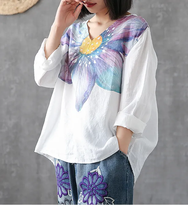 Flower Print Long Sleeve V Neck Linen Shirts Summer Women Tops DZA2005317