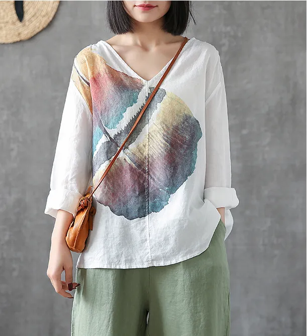 Flower Print Long Sleeve V Neck Linen Shirts Summer Women Tops DZA2005317