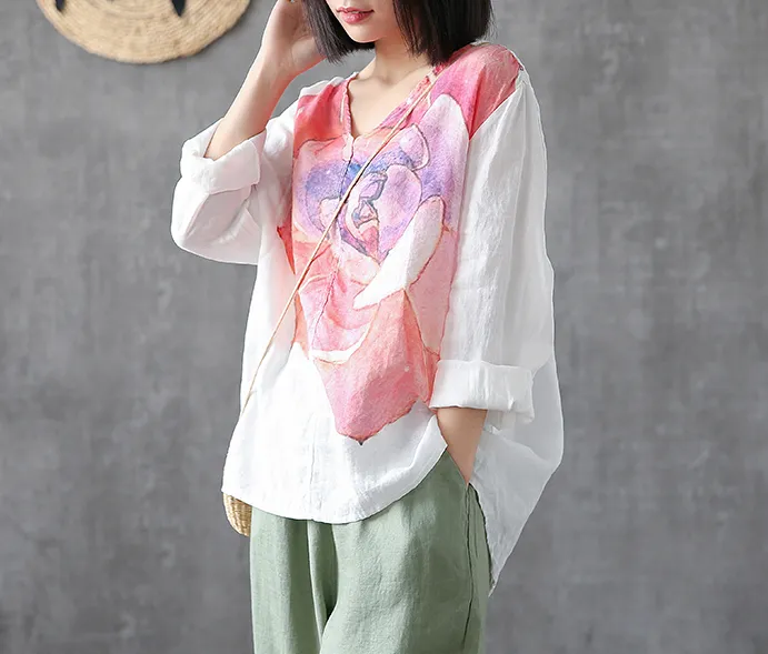 Flower Print Long Sleeve V Neck Linen Shirts Summer Women Tops DZA2005317