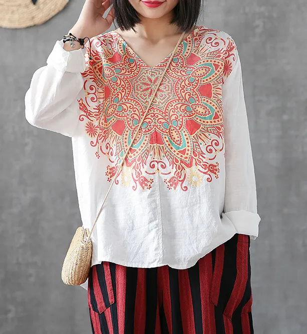 Flower Print Long Sleeve V Neck Linen Shirts Summer Women Tops DZA2005317