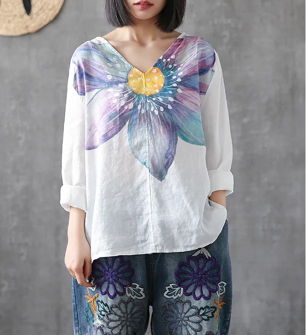 Flower Print Long Sleeve V Neck Linen Shirts Summer Women Tops DZA2005317