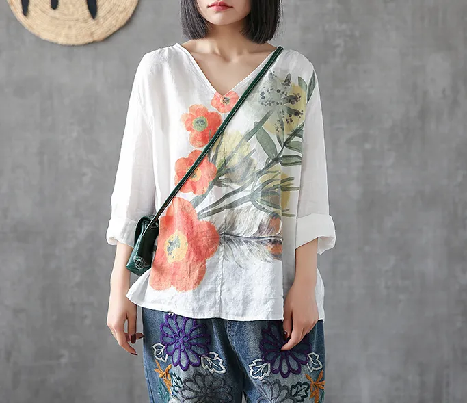 Flower Print Long Sleeve V Neck Linen Shirts Summer Women Tops DZA2005317