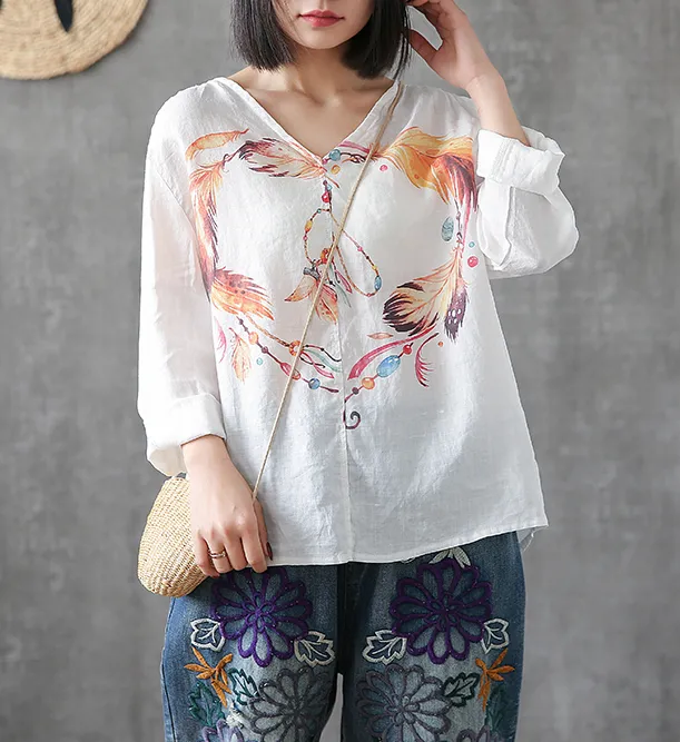 Flower Print Long Sleeve V Neck Linen Shirts Summer Women Tops DZA2005317