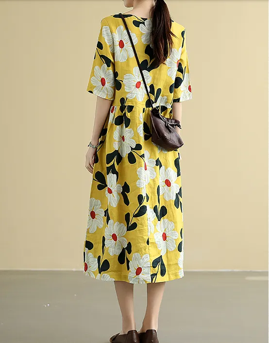 Flower Print Summer  Linen Spring Women loose Dresses DZA05142