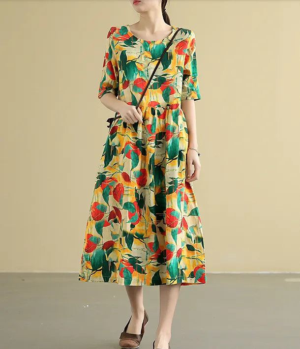 Flower Print Summer  Linen Spring Women loose Dresses DZA05142