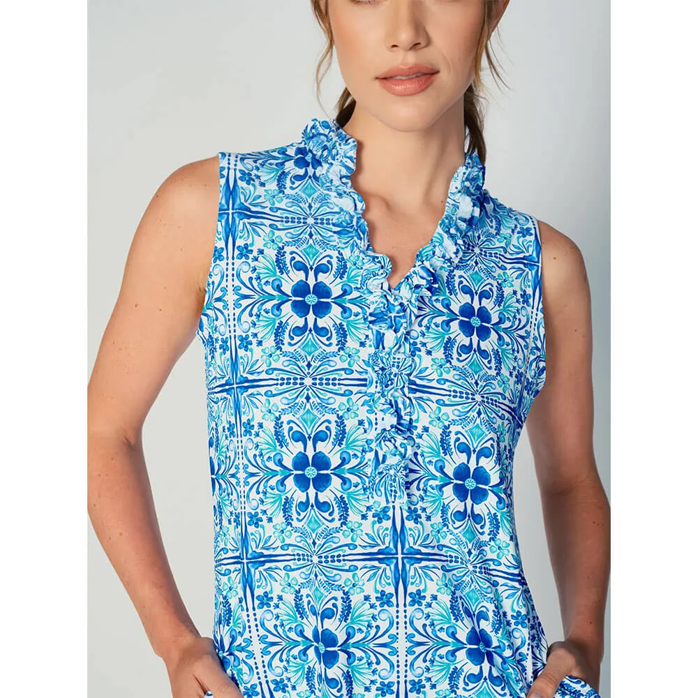 G Lifestyle Tile Sleeveless Double Ruffle Dress - Blue