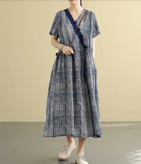 Gray Print Summer Cotton Linen Spring Women loose  Dresses DZA05092