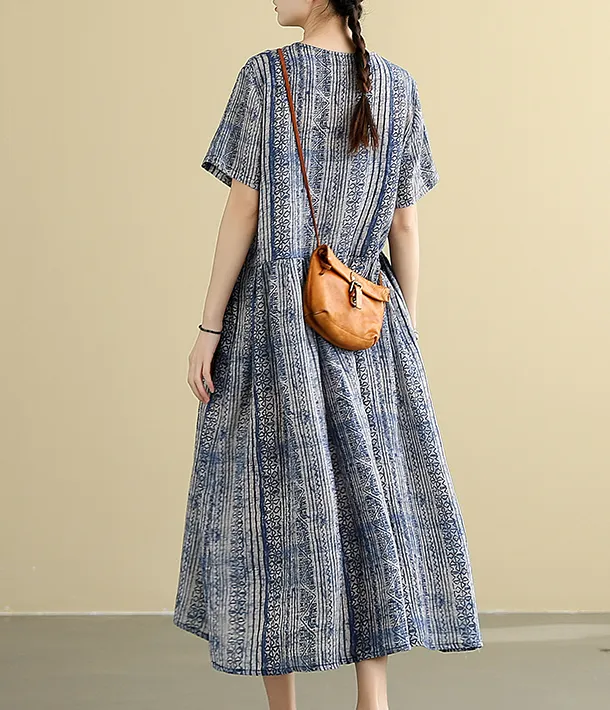 Gray Print Summer Cotton Linen Spring Women loose  Dresses DZA05092