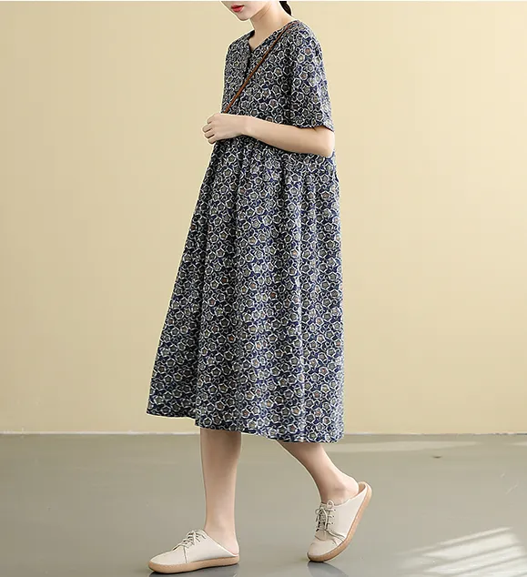 Gray Short Sleeve Summer Cotton Linen Spring Women loose Dresses DZA05091